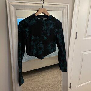 Rue 21 Women's Black Emerald Green Dragon Long Sleeve Crop Top Small